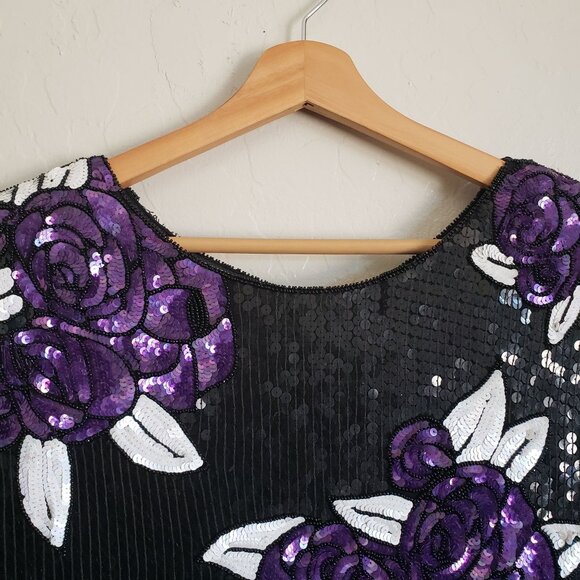 Vintage 100% Silk Full Sequin Beaded Floral Dress Sz M Black/Purple Event Formal - Picture 11 of 12